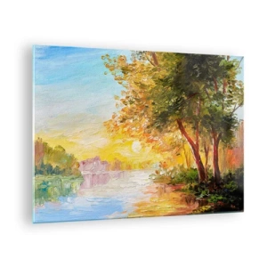 Quadro su vetro - Lago con alberi al tramonto - 70x50cm - Et in Arcadia ego - Decorazione murale moderna per soggiorno e camera da letto ARTTOR