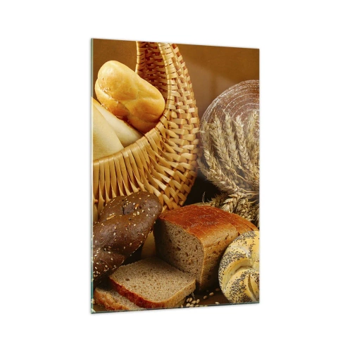 Quadro su vetro - Vari tipi di pane in un cestino di vimini su fondo oro - 70x100cm - Direttamente dal forno - Decorazione murale moderna per soggiorno e camera da letto ARTTOR