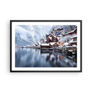 Poster in cornice nera - Vista invernale di un villaggio di montagna in riva al lago - 70x50cm - Decorazione invernale - Decorazione murale moderna per soggiorno e camera da letto ARTTOR