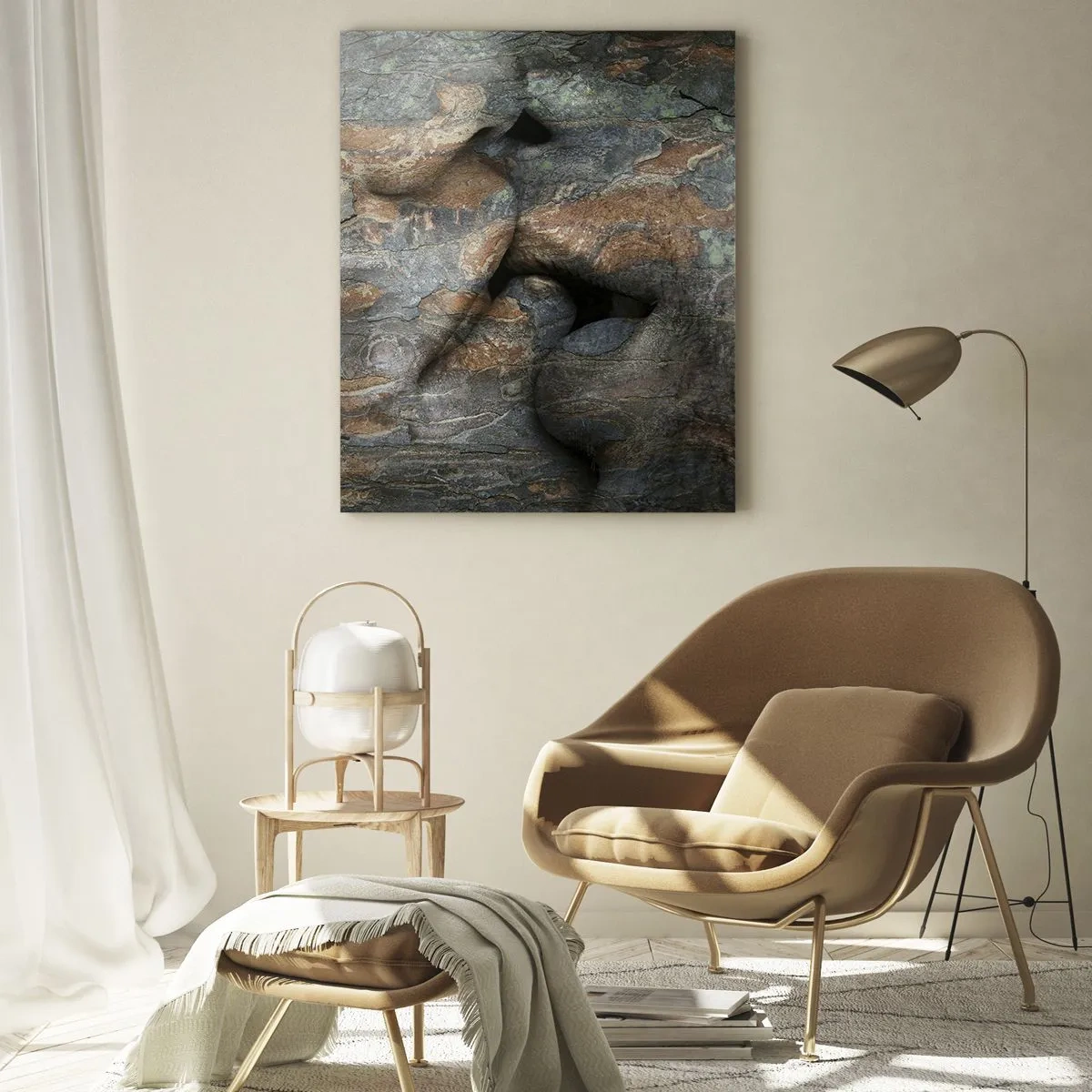 Quadro su vetro - Un motivo artistico di un volto scolpito nella roccia con un effetto di texture naturale. - 70x100cm - Insieme per sempre - Decorazione murale moderna per soggiorno e camera da letto ARTTOR