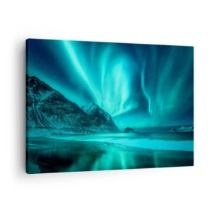 Quadro su tela - Stampe su Tela - Aurora boreale su un paesaggio invernale montuoso - 70x50cm - Miracolo del Nord - Decorazione murale moderna per soggiorno e camera da letto ARTTOR