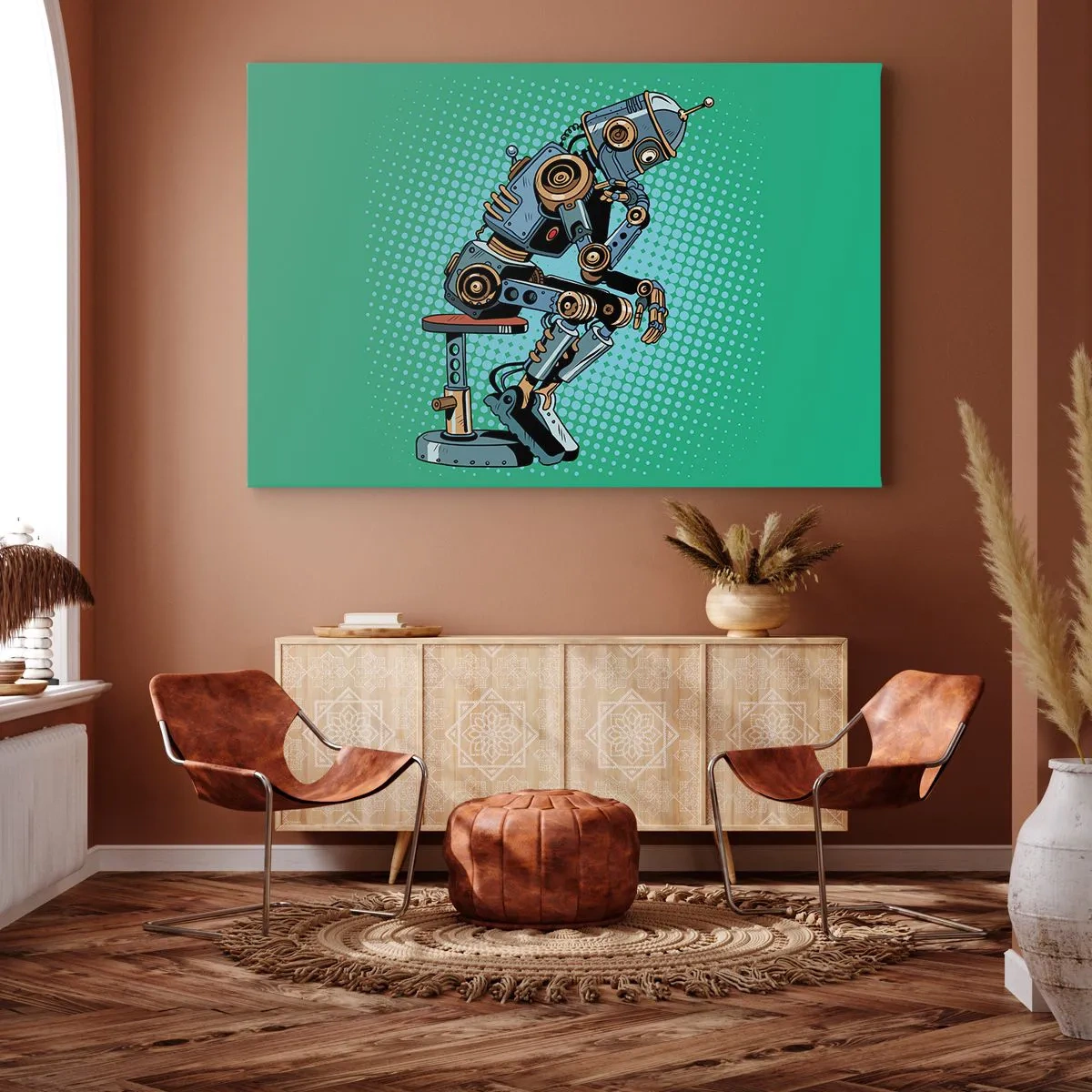 Quadro su tela - Stampe su Tela - Robot pensatore in stile pop art su sfondo verde - 70x50cm - Sull'essenza dell'essere - Decorazione murale moderna per soggiorno e camera da letto ARTTOR