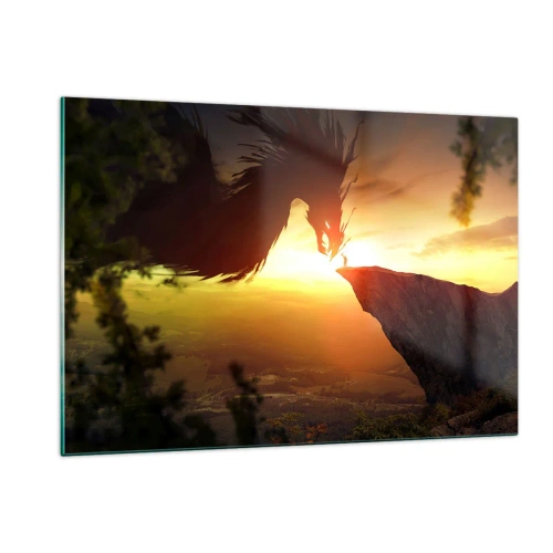 Quadro su vetro - Un drago al chiarore del sole al tramonto su una scogliera - 120x80cm - Il cacciatore di draghi - Decorazione murale moderna per soggiorno e camera da letto ARTTOR