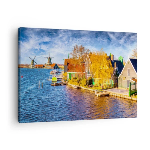 Quadro su tela - Stampe su Tela - Case pittoresche e mulini a vento in riva all'acqua - 70x50cm - Da secoli immutabile - Decorazione murale moderna per soggiorno e camera da letto ARTTOR