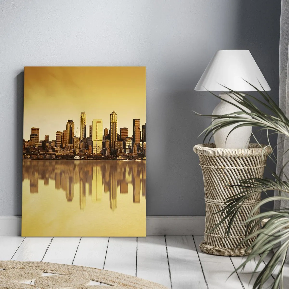 Quadro su tela - Stampe su Tela - Panorama della città riflesso nell'acqua al tramonto - 50x70cm - Silenzio della metropoli - Decorazione murale moderna per soggiorno e camera da letto ARTTOR