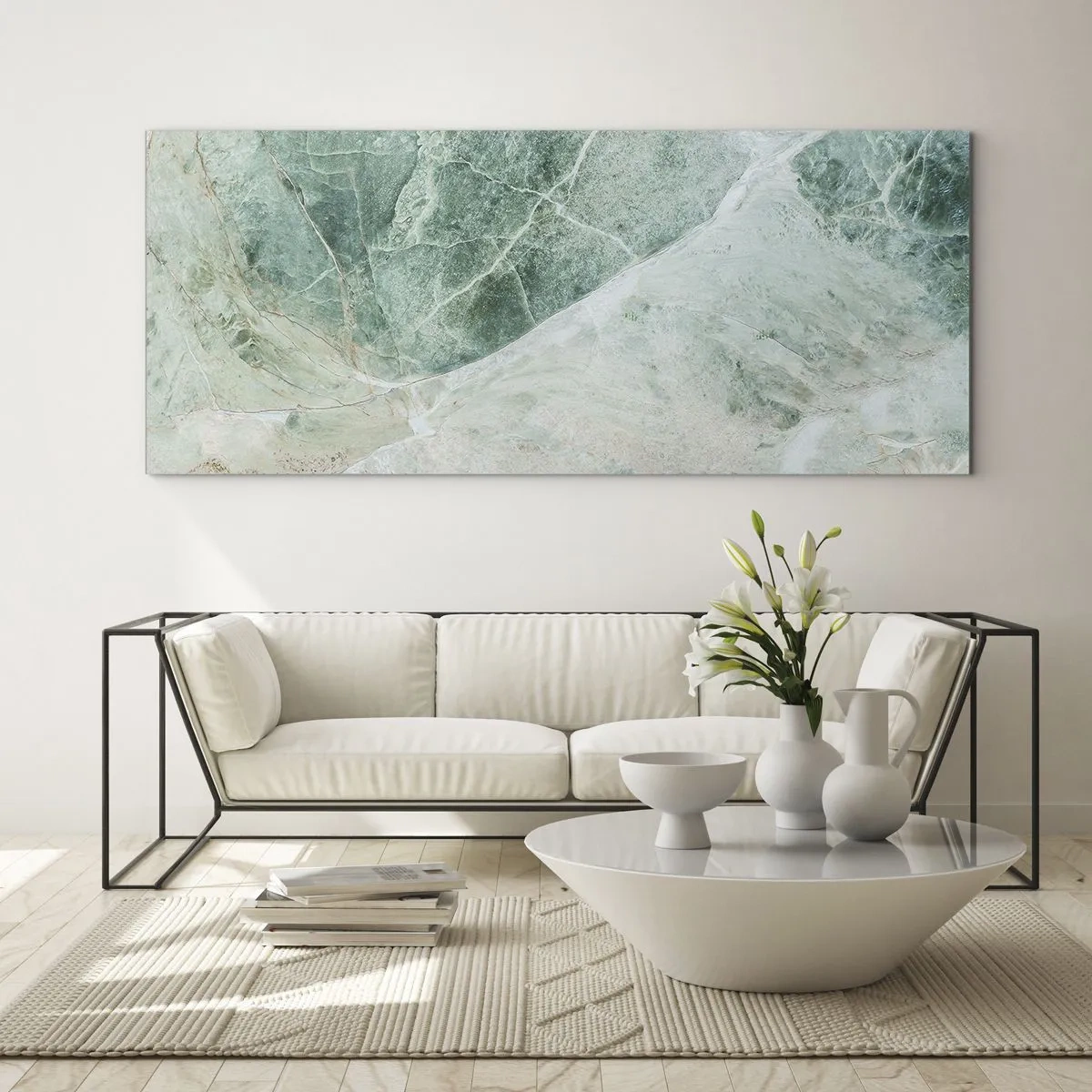 Quadro su vetro - Marmo verde con delicate venature bianche - 140x50cm - Il freddo nobile della pietra - Decorazione murale moderna per soggiorno e camera da letto ARTTOR