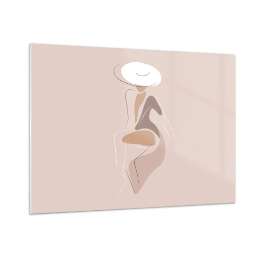 Quadro su vetro - Silhouette di una donna con un cappello su uno sfondo beige - 100x70cm - Essere una dama - Decorazione murale moderna per soggiorno e camera da letto ARTTOR