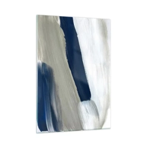 Quadro su vetro - Astrazione minimalista con pennellate dinamiche di bianco, blu navy e grigio. - 50x70cm - Incontro con il bianco - Decorazione murale moderna per soggiorno e camera da letto ARTTOR