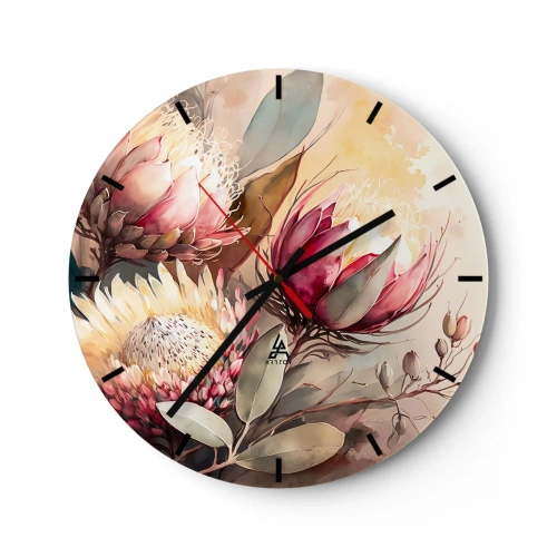 Orologio da parete - Orologio in Vetro - Fiori artistici di protea su uno sfondo chiaro - 30x30cm - Di profilo e di fronte - Decorazione murale moderna per soggiorno, cucina e camera da letto ARTTOR