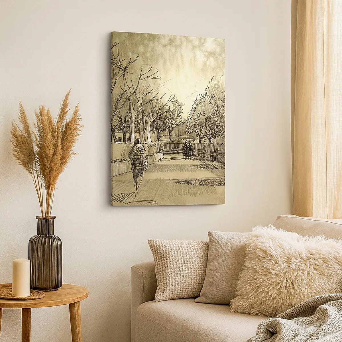 Quadro su tela - Stampe su Tela - Una scena di cartone animato di un parco con persone che camminano in toni caldi. - 50x70cm - Attimo fermato con la penna - Decorazione murale moderna per soggiorno e camera da letto ARTTOR