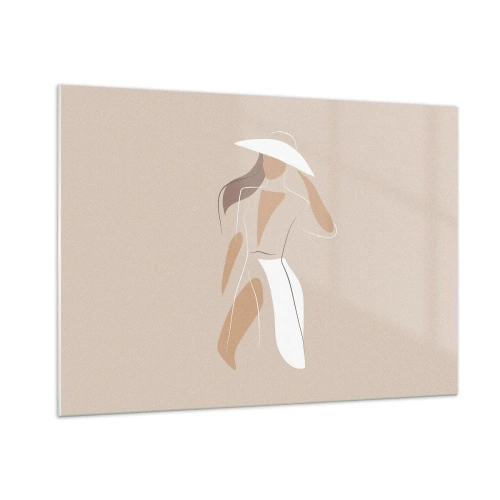 Quadro su vetro - Figura stilizzata di una donna con un cappello bianco - 100x70cm - La moda è un gioco - Decorazione murale moderna per soggiorno e camera da letto ARTTOR