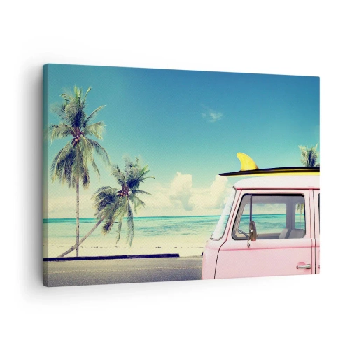 Quadro su tela - Stampe su Tela - Un furgone rosa con una tavola da surf sullo sfondo di una spiaggia tropicale. - 70x50cm - Tempo di vacanze - Decorazione murale moderna per soggiorno e camera da letto ARTTOR
