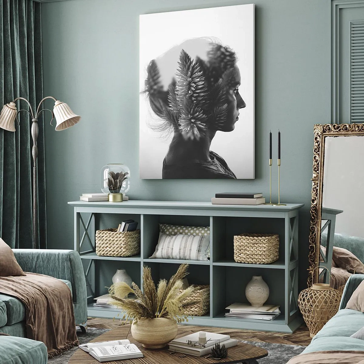 Quadro su tela - Stampe su Tela - Un ritratto sottile con elementi della natura - 50x70cm - La signora della pineta - Decorazione murale moderna per soggiorno e camera da letto ARTTOR