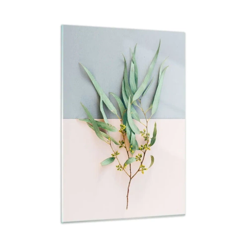 Quadro su vetro - Un rametto di eucalipto su uno sfondo pastello - 50x70cm - Delicatezza pastello - Decorazione murale moderna per soggiorno e camera da letto ARTTOR