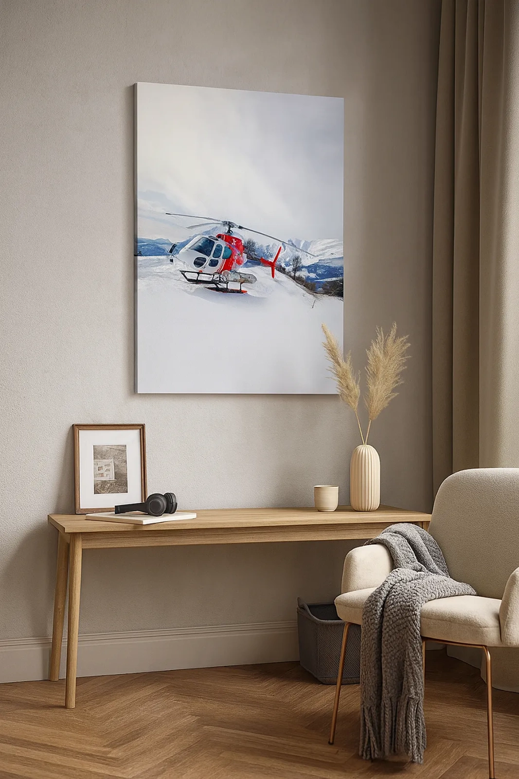 Quadro su tela - Stampe su Tela - Un elicottero rosso sullo sfondo di un paesaggio montano innevato. - 50x70cm - Sempre pronto - Decorazione murale moderna per soggiorno e camera da letto ARTTOR