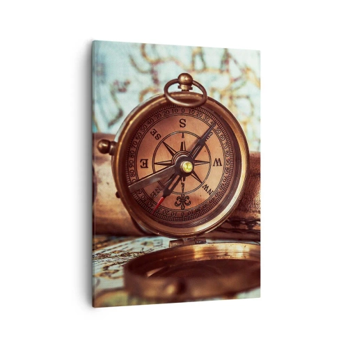 Quadro su tela - Stampe su Tela - Un set retrò con bussola, telescopio e mappa a tema viaggio - 50x70cm - Ti aspetta l'avventura dei pirati dei Caraibi - Decorazione murale moderna per soggiorno e camera da letto ARTTOR