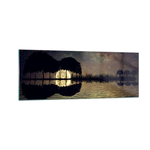 Quadro su vetro - Una notte magica con gli alberi e la luna riflessa sull'acqua - 140x50cm - Notte ai confini del mondo - Decorazione murale moderna per soggiorno e camera da letto ARTTOR
