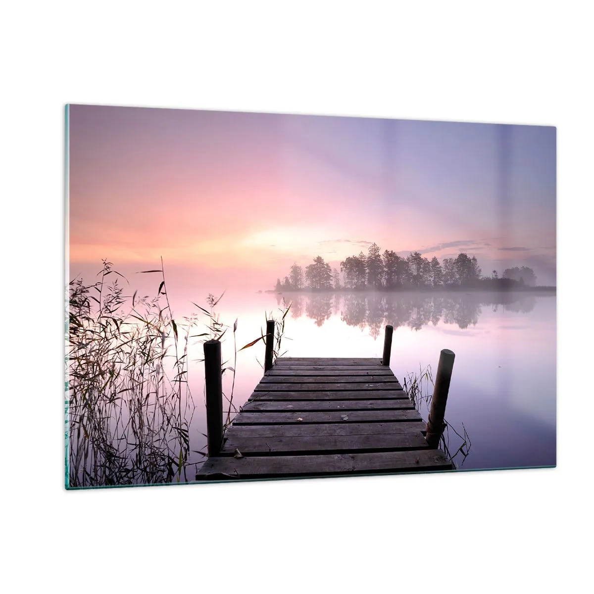 Quadro su vetro - Un molo all'alba su un lago calmo - 120x80cm - Nebbia color lilla - Decorazione murale moderna per soggiorno e camera da letto ARTTOR