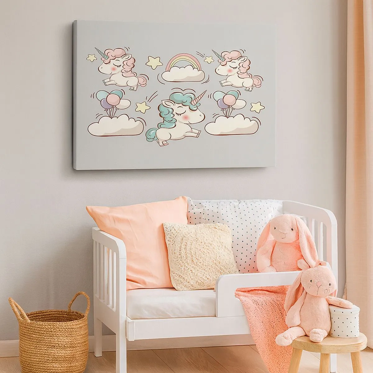 Quadro su tela - Stampe su Tela - Simpatici unicorni su sfondo pastello - 70x50cm - Sicuramente esistono… - Decorazione murale moderna per soggiorno e camera da letto ARTTOR