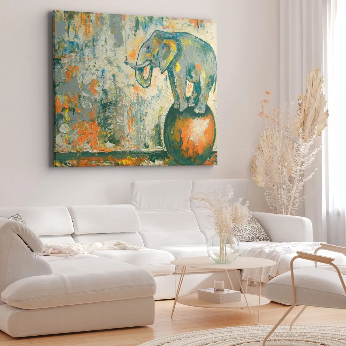 Quadro su tela - Stampe su Tela - Un elefante in equilibrio su una palla in stile artistico - 120x80cm - Evviva il circo! - Decorazione murale moderna per soggiorno e camera da letto ARTTOR