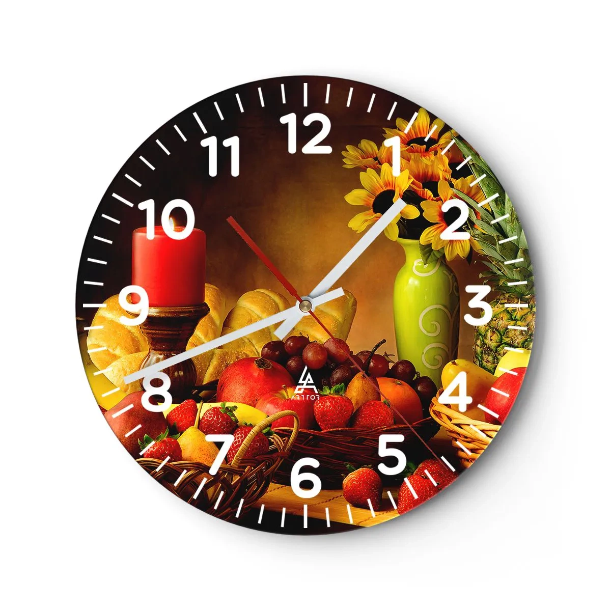 Orologio da parete - Orologio in Vetro - Natura morta con pane e frutta - 30x30 cm