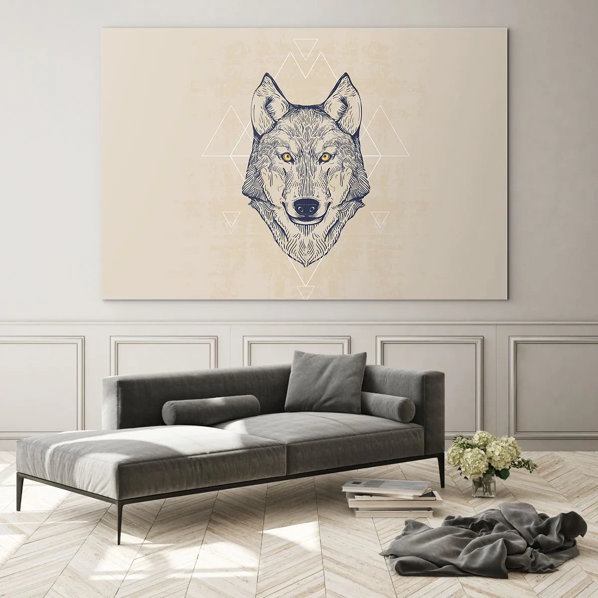 Quadro su vetro - Testa di lupo su uno sfondo di motivi geometrici - 100x70cm - Alfa dallo sguardo penetrante - Decorazione murale moderna per soggiorno e camera da letto ARTTOR