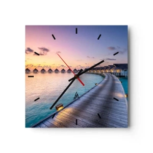 Orologio da parete - Orologio in Vetro - Il molo che conduce ai cottage sul lungomare al tramonto - 30x30cm - Vacanze: ritorno alle fonti - Decorazione murale moderna per soggiorno e camera da letto ARTTOR