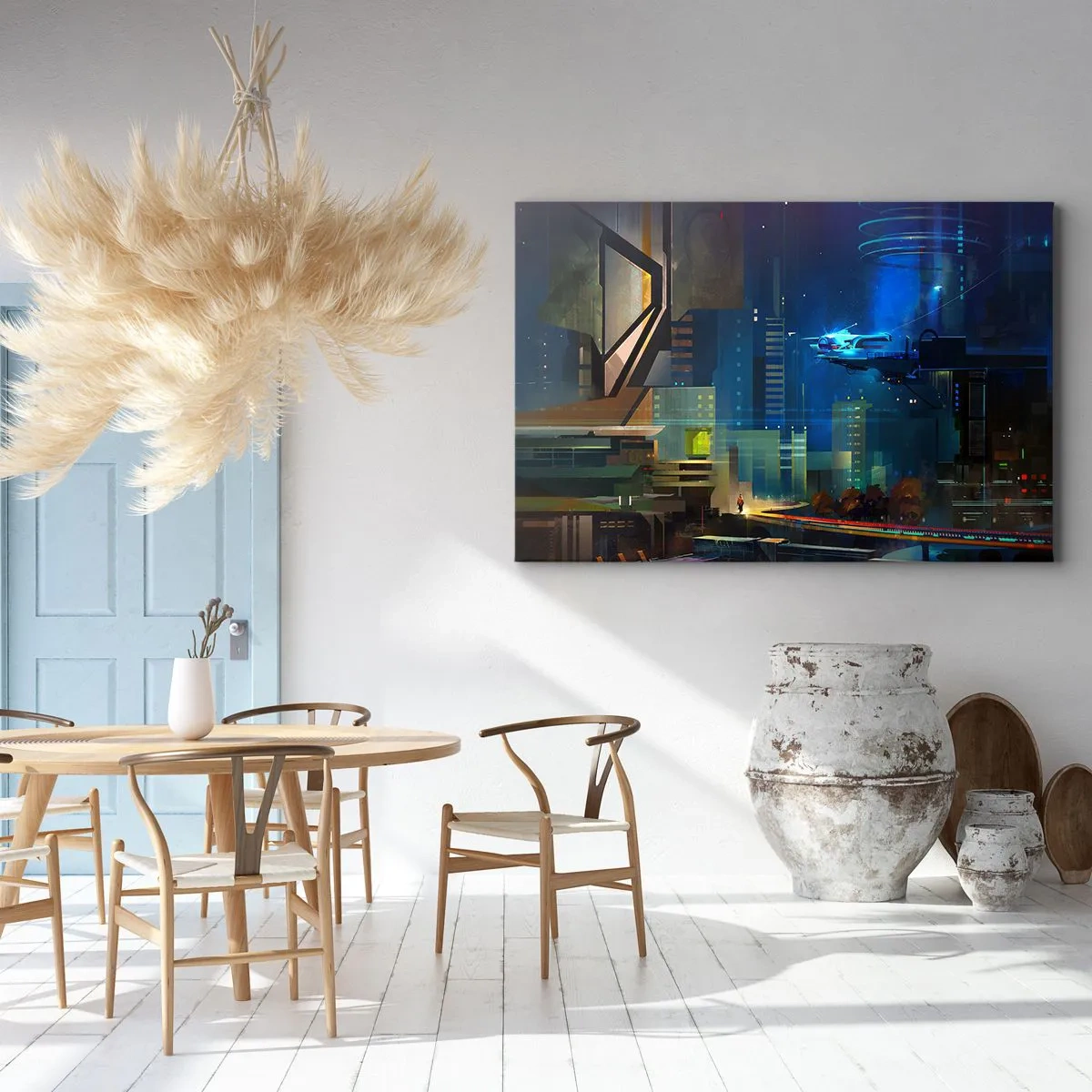 Quadro su tela - Stampe su Tela - Città futuristica di notte con luci al neon e un veicolo volante - 120x80cm - In un futuro non lontano - Decorazione murale moderna per soggiorno e camera da letto ARTTOR