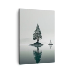 Quadro su tela - Stampe su Tela - Un paesaggio minimalista con un albero su un'isola e una barca a vela. - 50x70cm - Paesaggio onirico - Decorazione murale moderna per soggiorno e camera da letto ARTTOR