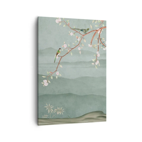Quadro su tela - Stampe su Tela - Un'immagine pittoresca di un ramo di albero fiorito con uccelli sullo sfondo di verdi colline. - 50x70cm - Eccoti primavera - Decorazione murale moderna per soggiorno e camera da letto ARTTOR