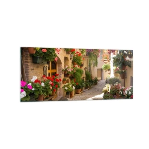 Quadro su vetro - Una strada con fiori in vaso e muri in pietra - 120x50cm - Un'esplosione di fiori - Decorazione murale moderna per soggiorno e camera da letto ARTTOR