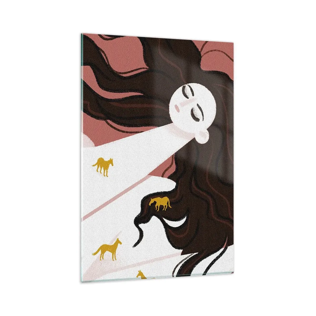 Quadro su vetro - Una figura con gli occhi chiusi circondata da cavalli dorati - 80x120cm - Il sogno del cavallo d'oro - Decorazione murale moderna per soggiorno e camera da letto ARTTOR