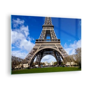 Quadro su vetro - La Torre Eiffel contro un cielo blu - 70x50cm - Tutta Parigi ai suoi piedi - Decorazione murale moderna per soggiorno e camera da letto ARTTOR