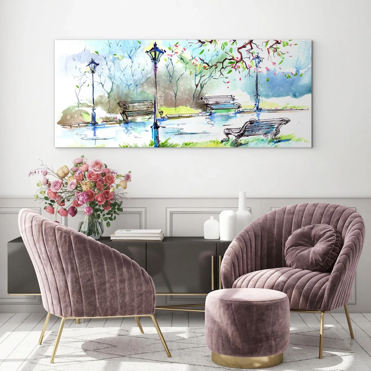 Quadro su vetro - Scena di parco ad acquerello con panchine e lampade - 140x50cm - Il fascino del silenzio del parco - Decorazione murale moderna per soggiorno e camera da letto ARTTOR