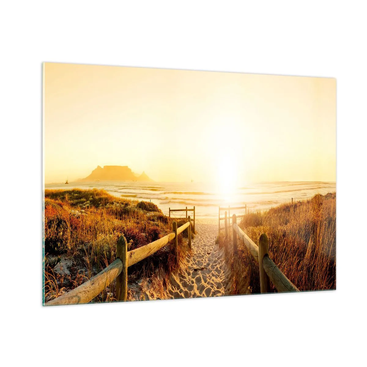 Quadro su vetro - Sentiero sulla duna che conduce alla spiaggia al tramonto - 100x70cm - Attraverso la duna, verso il sole - Decorazione murale moderna per soggiorno e camera da letto ARTTOR