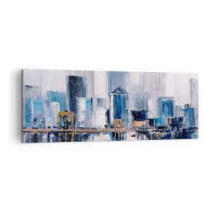 Quadro su tela - Stampe su Tela - Panorama urbano astratto con sfumature di blu e giallo - 140x50cm - Impressione di New York - Decorazione murale moderna per soggiorno e camera da letto ARTTOR