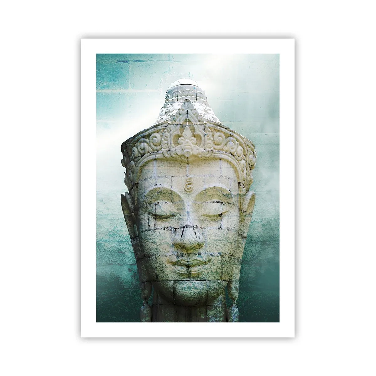 Poster - Una statua del Buddha su uno sfondo di sottili sfumature di verde - 50x70cm - Cercando la luce - Decorazione murale moderna per soggiorno e camera da letto ARTTOR