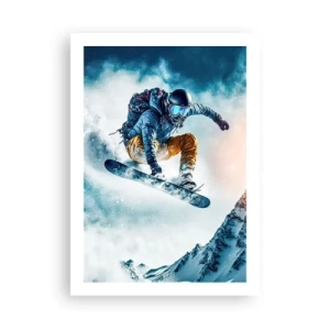 Poster - Uno snowboarder vola sopra una cima di montagna innevata - 50x70cm - Emozioni estreme - Decorazione murale moderna per soggiorno e camera da letto ARTTOR