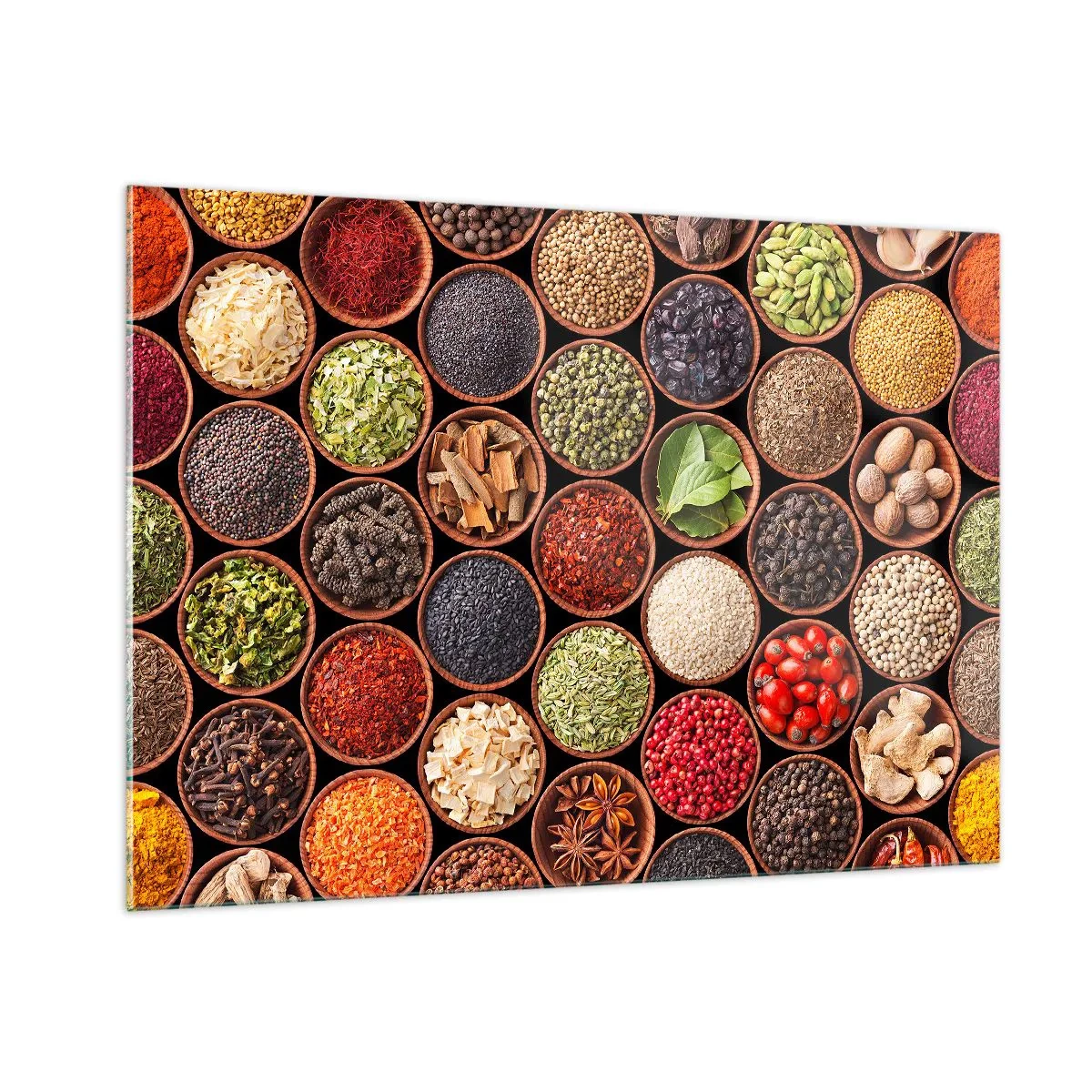 Quadro su vetro - Una composizione di varie spezie in ciotole di legno - 100x70cm - Tutti i gusti del mondo - Decorazione murale moderna per soggiorno e camera da letto ARTTOR