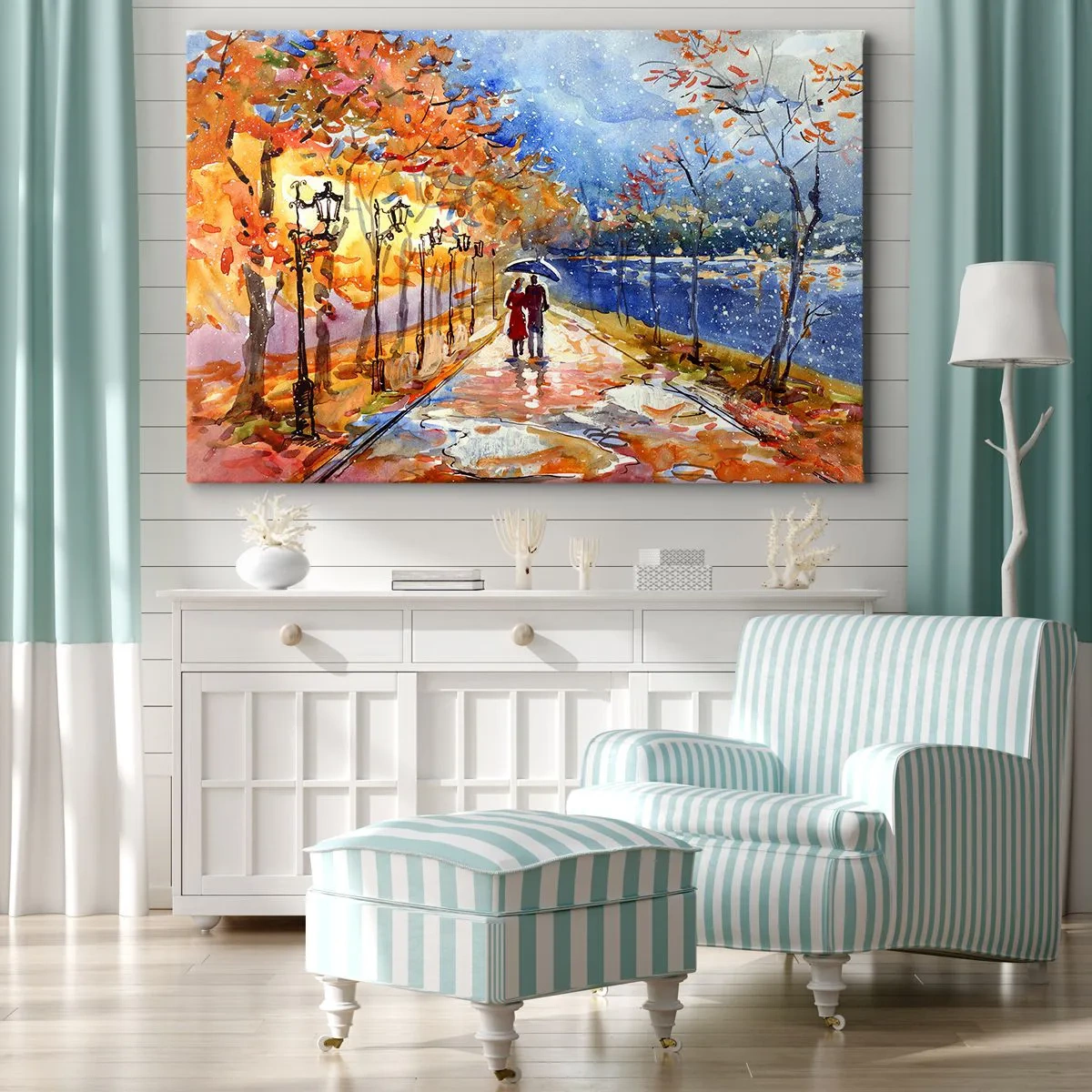 Quadro su tela - Stampe su Tela - Una passeggiata autunnale nel parco sulla riva del fiume sotto l'ombrellone - 120x80cm - Insieme fino ai confini del tempo - Decorazione murale moderna per soggiorno e camera da letto ARTTOR