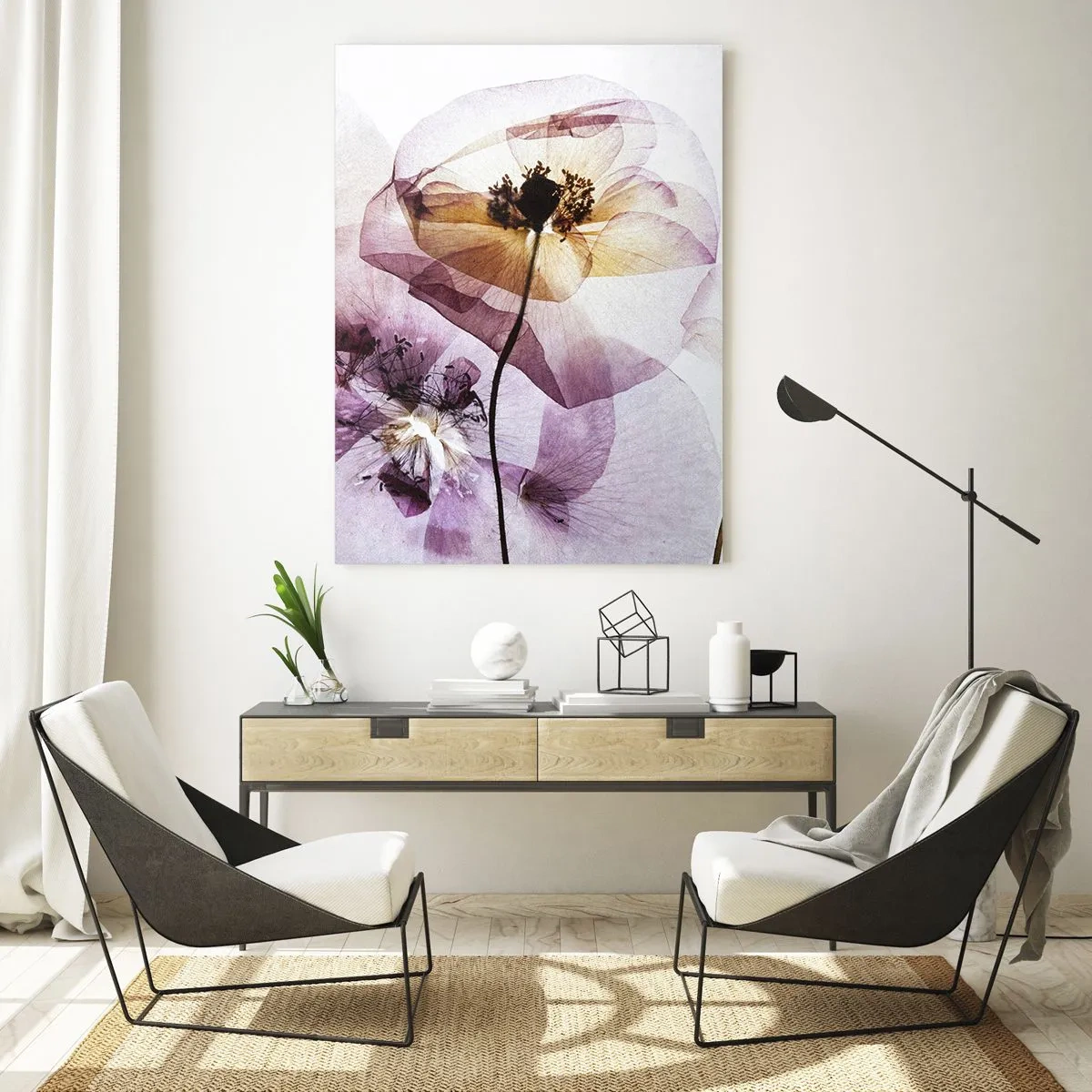 Quadro su vetro - Delicati fiori trasparenti in tonalità pastello - 80x120cm - Fiori trasparenti - Decorazione murale moderna per soggiorno e camera da letto ARTTOR