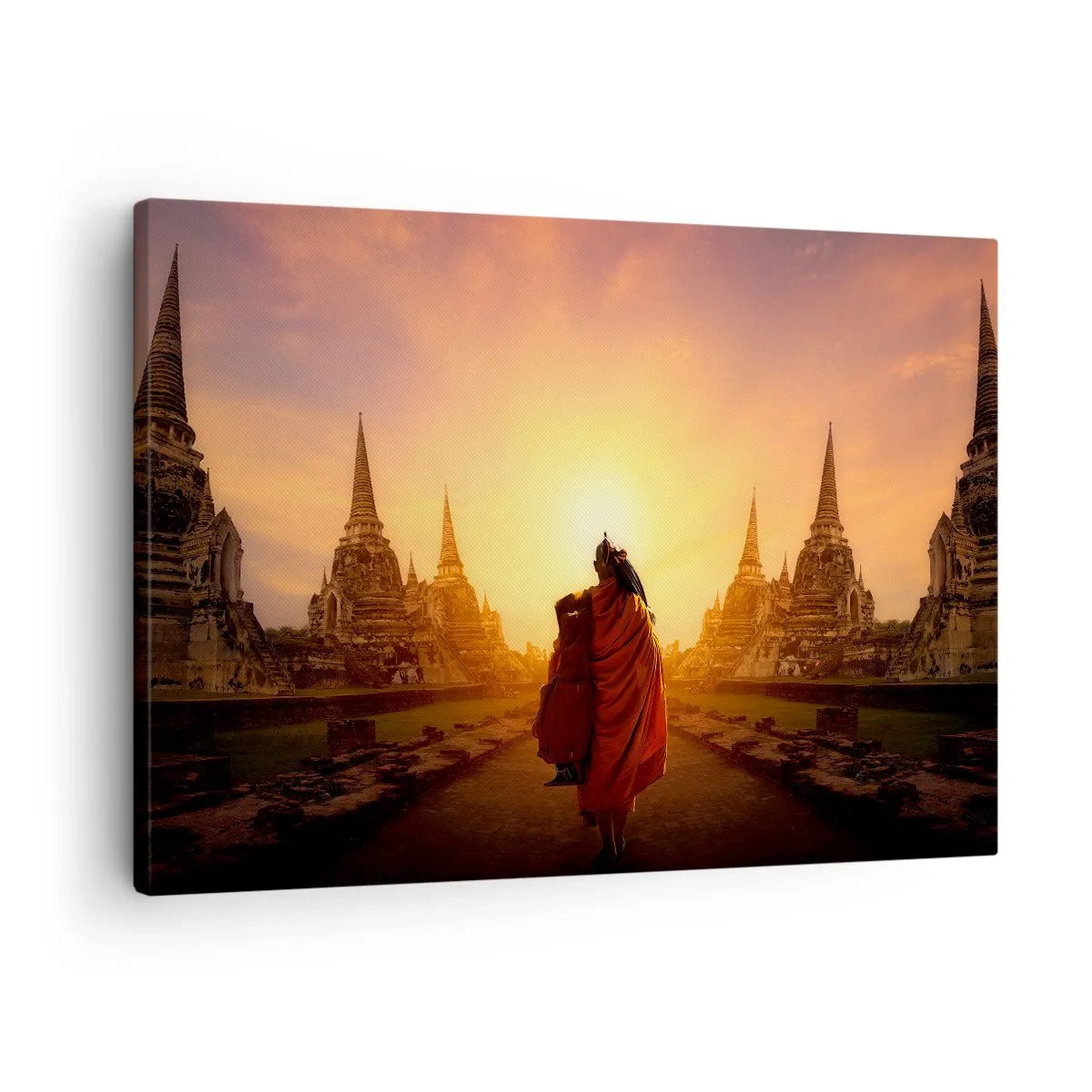 Quadro su tela - Stampe su Tela - Un monaco tra i templi al tramonto - 70x50cm - In pace per l'eternità - Decorazione murale moderna per soggiorno e camera da letto ARTTOR