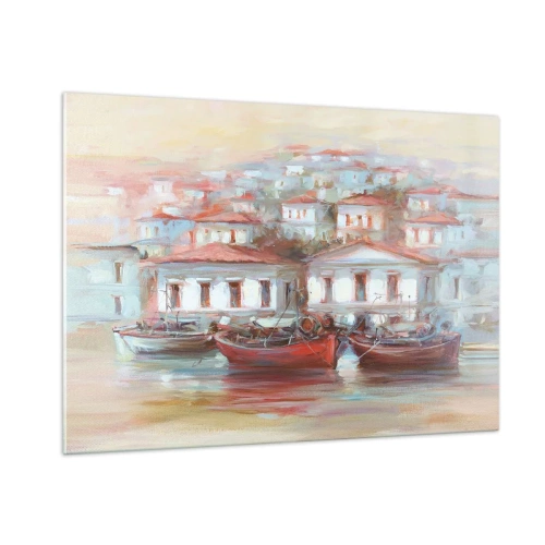 Quadro su vetro - Una pittoresca cittadina con barche nel porto al tramonto - 100x70cm - Cittadina felice - Decorazione murale moderna per soggiorno e camera da letto ARTTOR