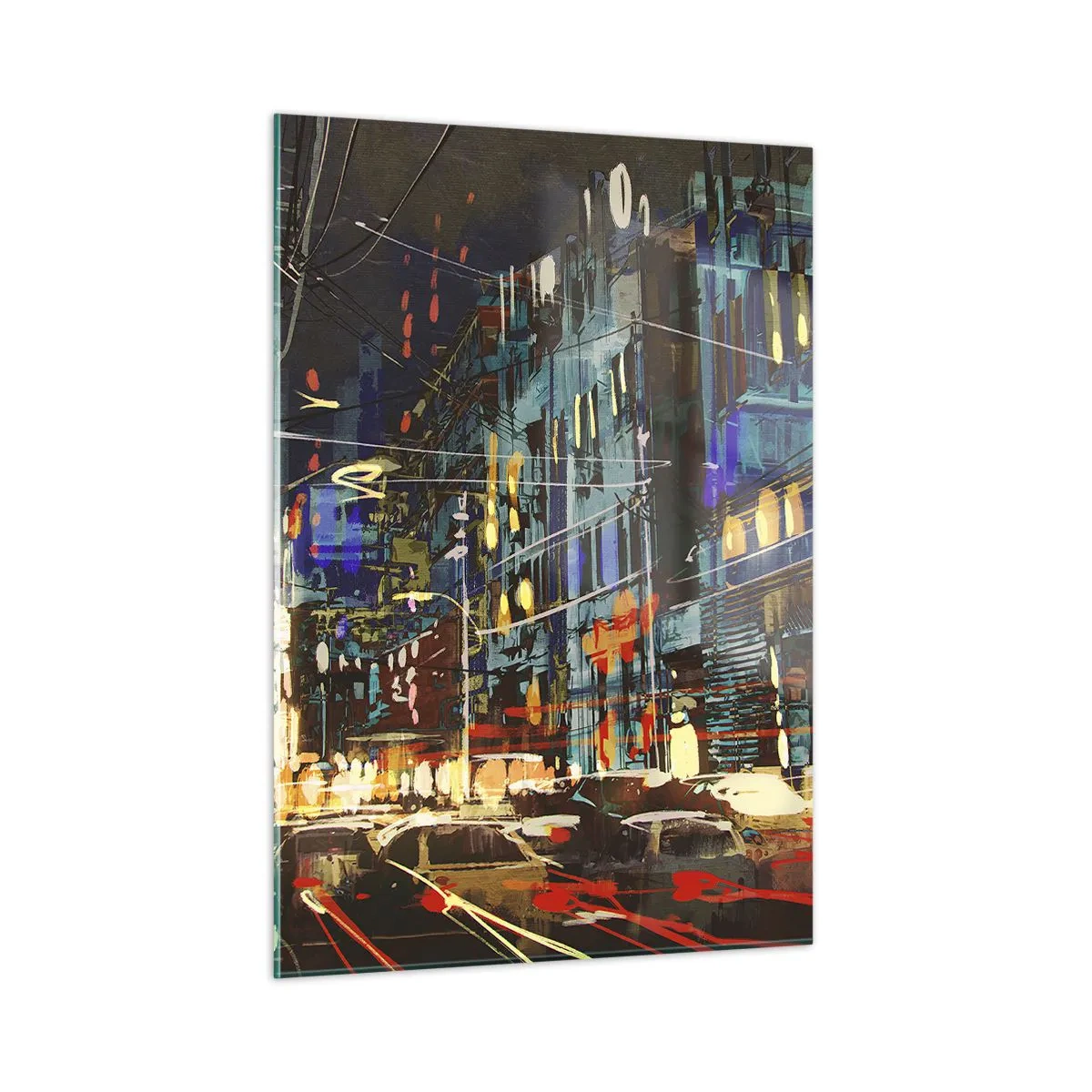 Quadro su vetro - Strada cittadina serale con luci al neon e traffico - 50x70cm - Frastuono serale della strada - Decorazione murale moderna per soggiorno e camera da letto ARTTOR