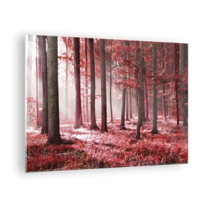 Quadro su vetro - Foresta autunnale nei colori rossi e nebbia mattutina - 70x50cm - Anche rosso è bello - Decorazione murale moderna per soggiorno e camera da letto ARTTOR