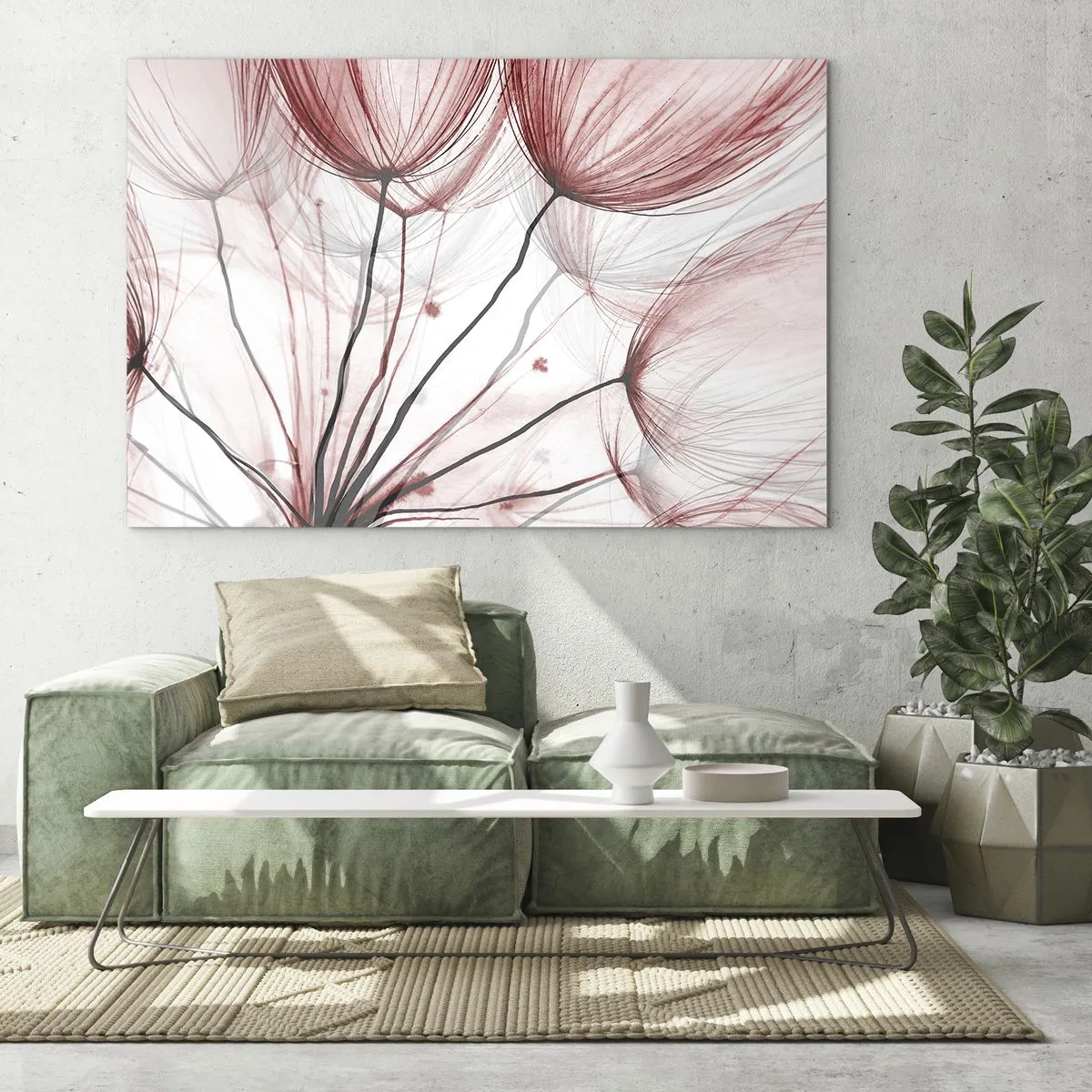 Quadro su vetro - Sottili denti di leone nelle tonalità del rosa e del nero - 120x80cm - Prima del decollo - Decorazione murale moderna per soggiorno e camera da letto ARTTOR