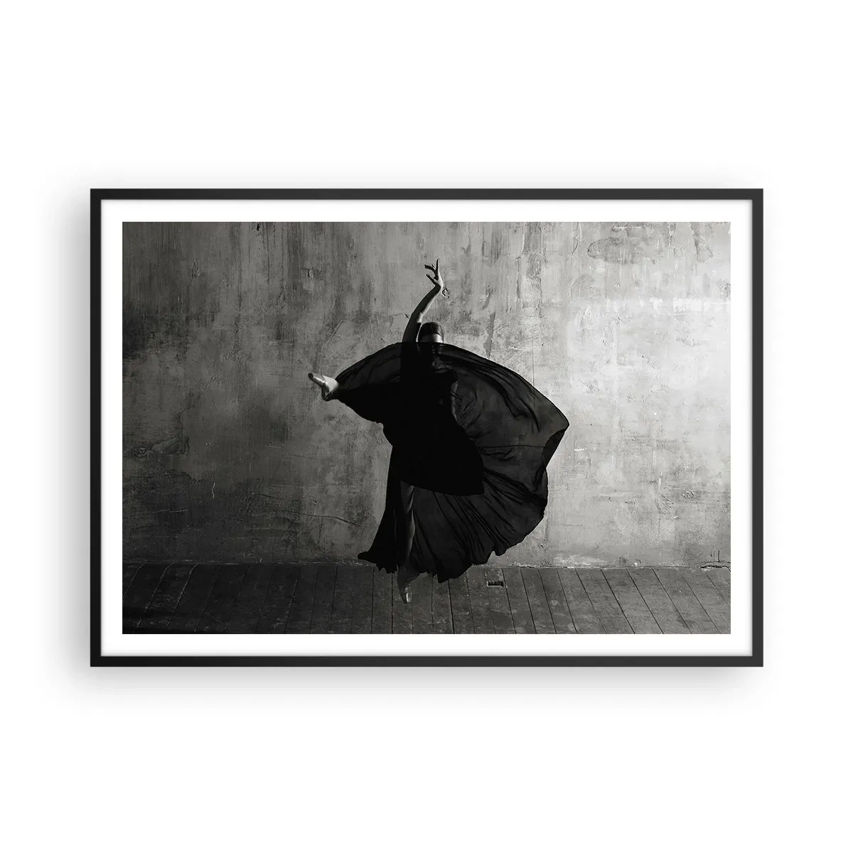 Poster in cornice nera - Silhouette in bianco e nero di una ballerina in movimento su uno sfondo di muro - 100x70cm - Fasce piene di passione - Decorazione murale moderna per soggiorno e camera da letto ARTTOR