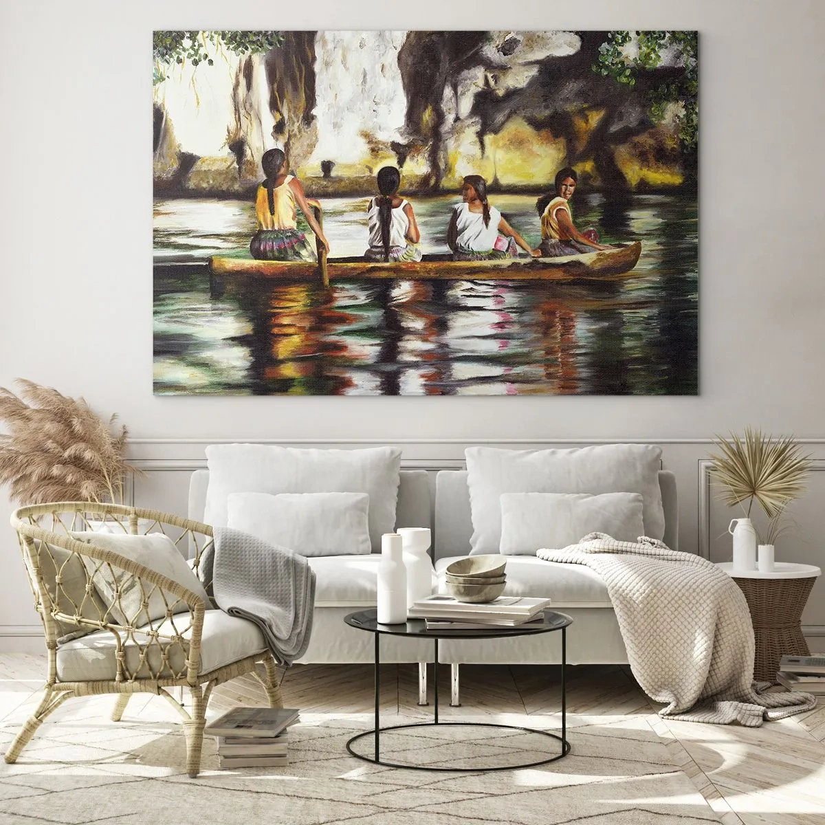 Quadro su vetro - Donne in barca sullo sfondo di pittoresche rocce e acqua - 120x80cm - Nel paradiso della Polinesia - Decorazione murale moderna per soggiorno e camera da letto ARTTOR