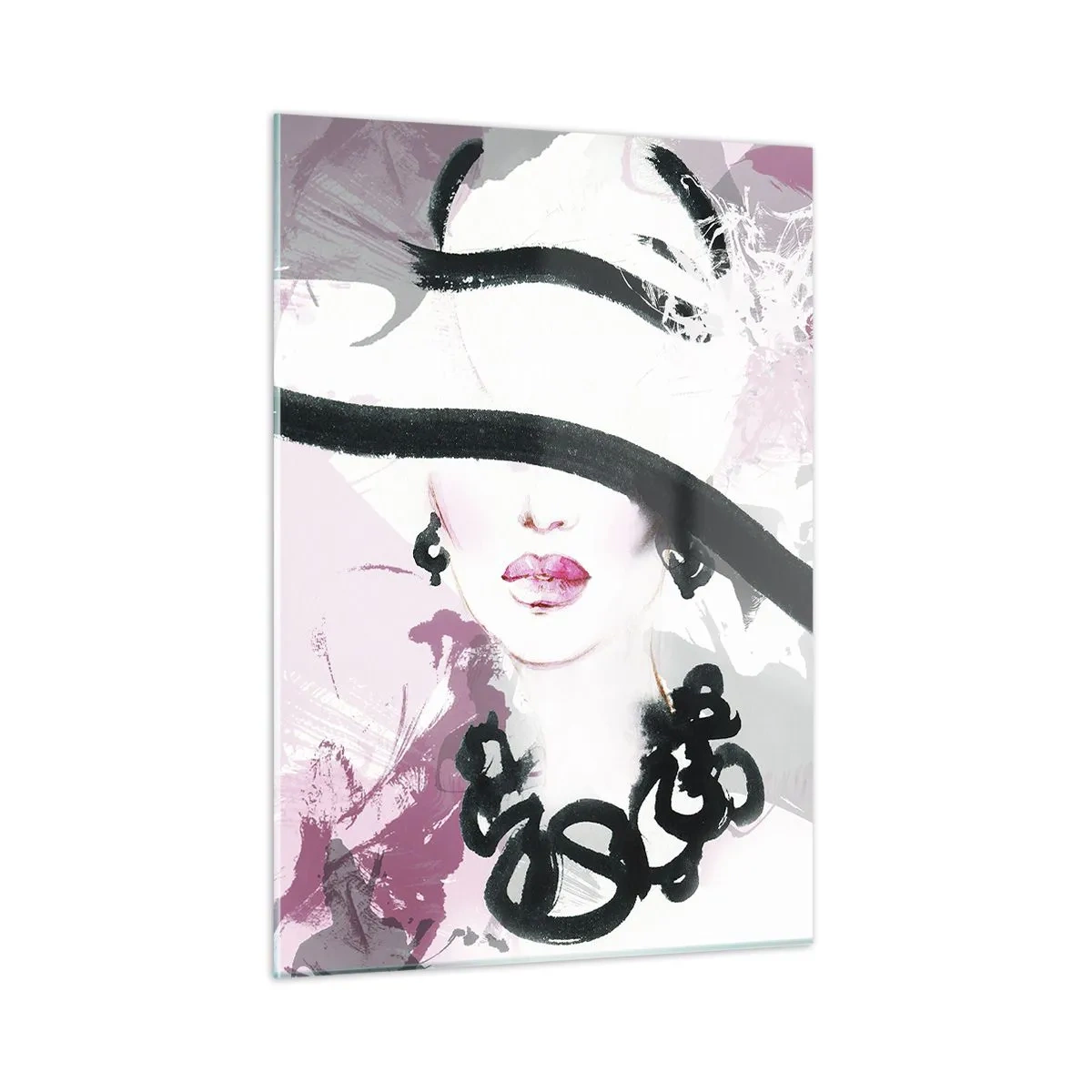 Quadro su vetro - Ritratto di una donna con un cappello nero su sfondo rosa - 50x70cm - Ritratto di donna in nero e rosa - Decorazione murale moderna per soggiorno e camera da letto ARTTOR