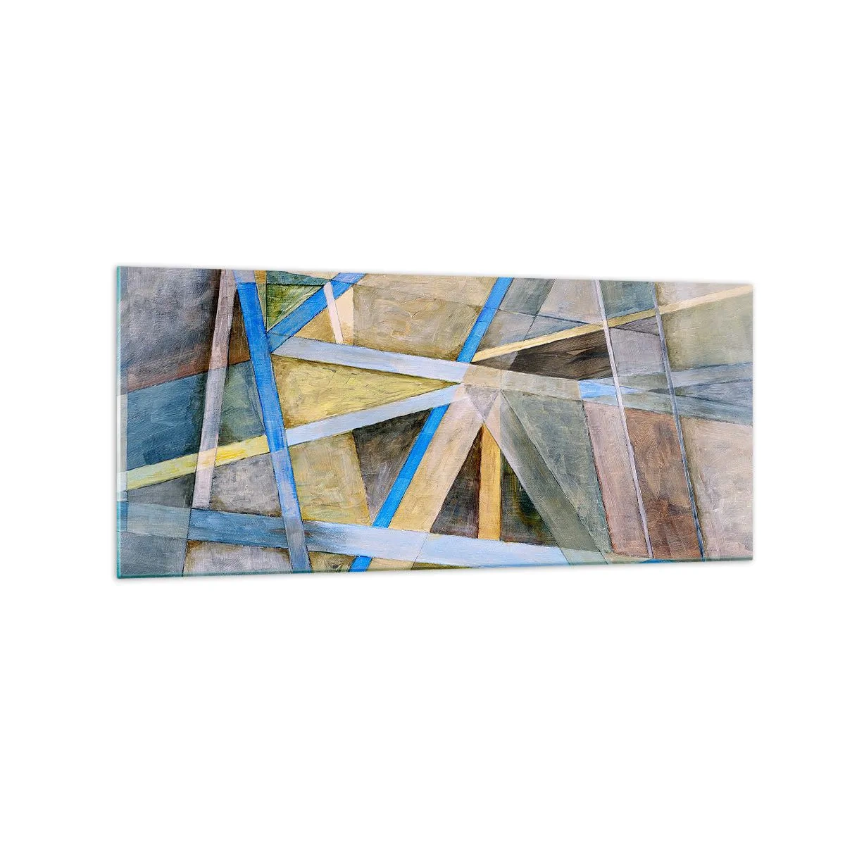 Quadro su vetro - Composizione geometrica con linee chiare e blu - 120x50cm - Dritto o obliquo? - Decorazione murale moderna per soggiorno e camera da letto ARTTOR